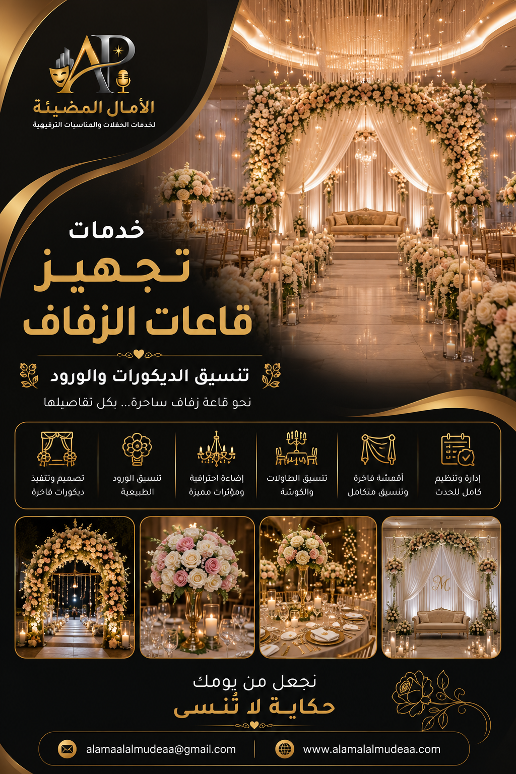 خدمة تجهيز قاعات الزفاف وتنسيق الديكورات والورود